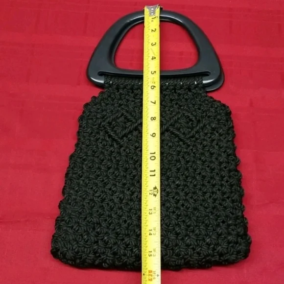 Vintage 70s Boho Handmade Macrame Crochet Purse D-Hoop Handles Lined w/ Pockets - Picture 7 of 12